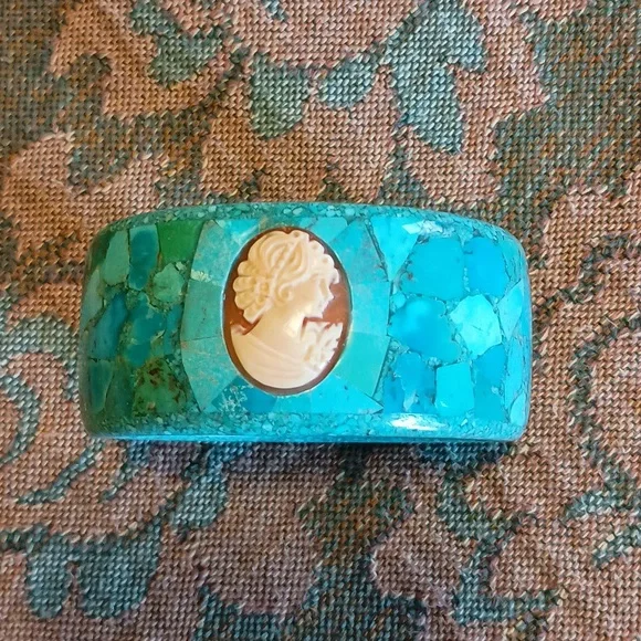 Unique Turquoise & Cameo Mosaic Bangle Bracelet - Picture 4 of 9